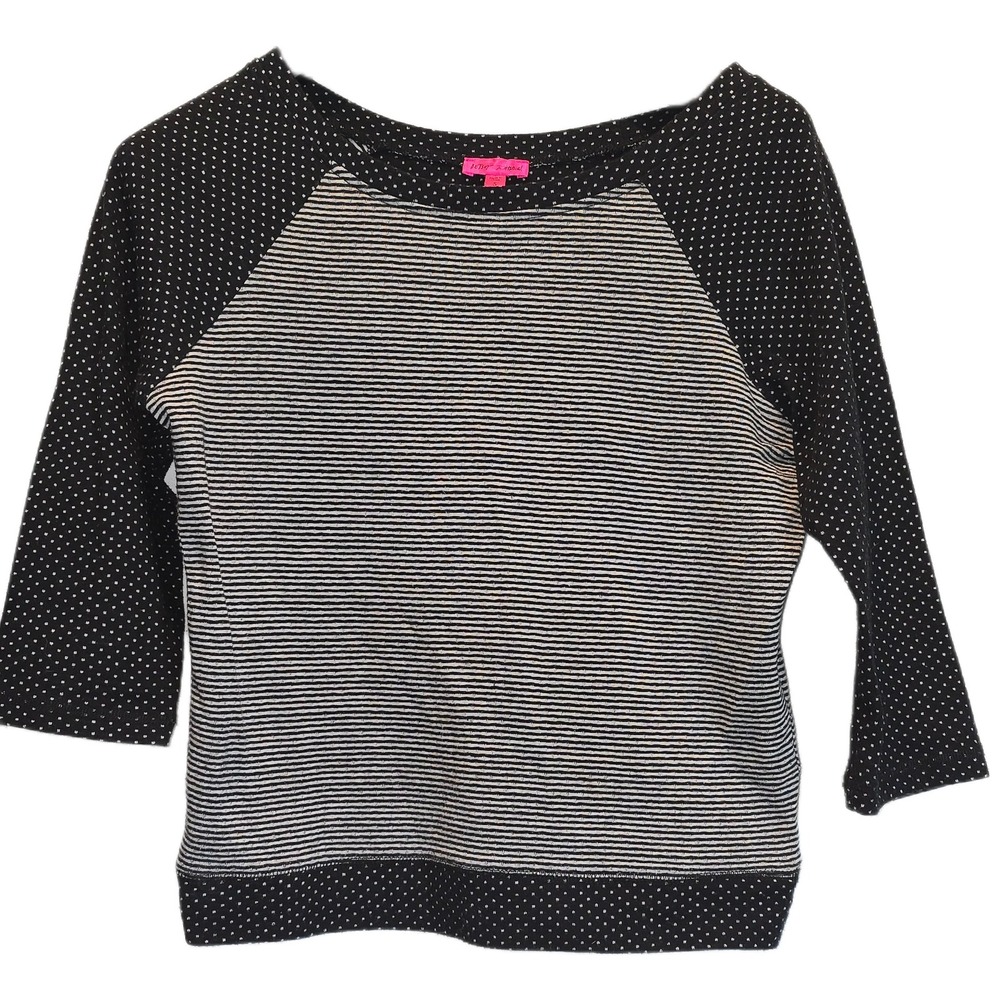 Betsey Johnson Womens Small Black White Striped Polka Dot Raglan 3/4‎ Sleeve Top